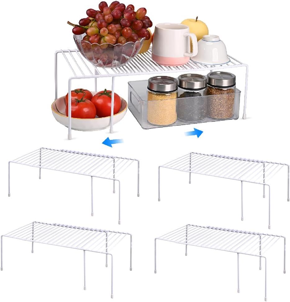 ziroland 4-Pack Expandable Medium (13.4-25.1x9inch) Kitchen Organizer Rack, Kitchen Shelves for Spice Organization for Cabinet, Pantry Organizers and Storage, Spice Rack, Desk Organizer, White
