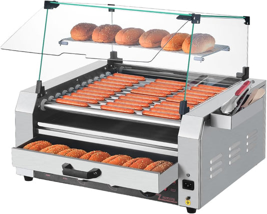 VEVOR Hot Dog Roller, 30 Hot Dog 11 Rollers, Stainless Steel Sausage Grill Cooker, 1950W Hot Dog Machine with Bun Warmer, Cover, 3 Temp Control, Side Storage Box, Oil Drip Tray, for Home & Commercial