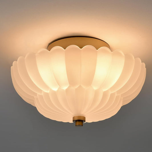 HYDELITE Gold Flush Mount Ceiling Light Fixture Modern Semi Flush Mount Ceiling Light Vinatge Close to Ceiling for Bathroom Bedroom Entryway Kitchen Scalloped Frosted Milk Glass
