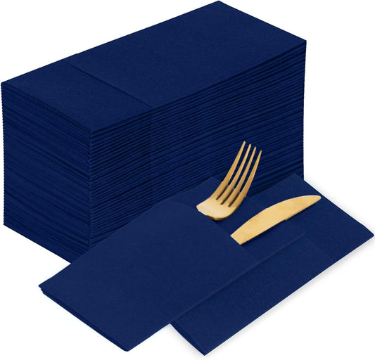 KAMMAK Blue Napkins Disposable 100 Pack Cloth like Paper Dinner Napkins Folded with Pocket Navy Blue Napkins Hand Towel for Party Decoration, Wedding Reception, Bathroon and Kitchen (16.5 x 16.5 inch)
