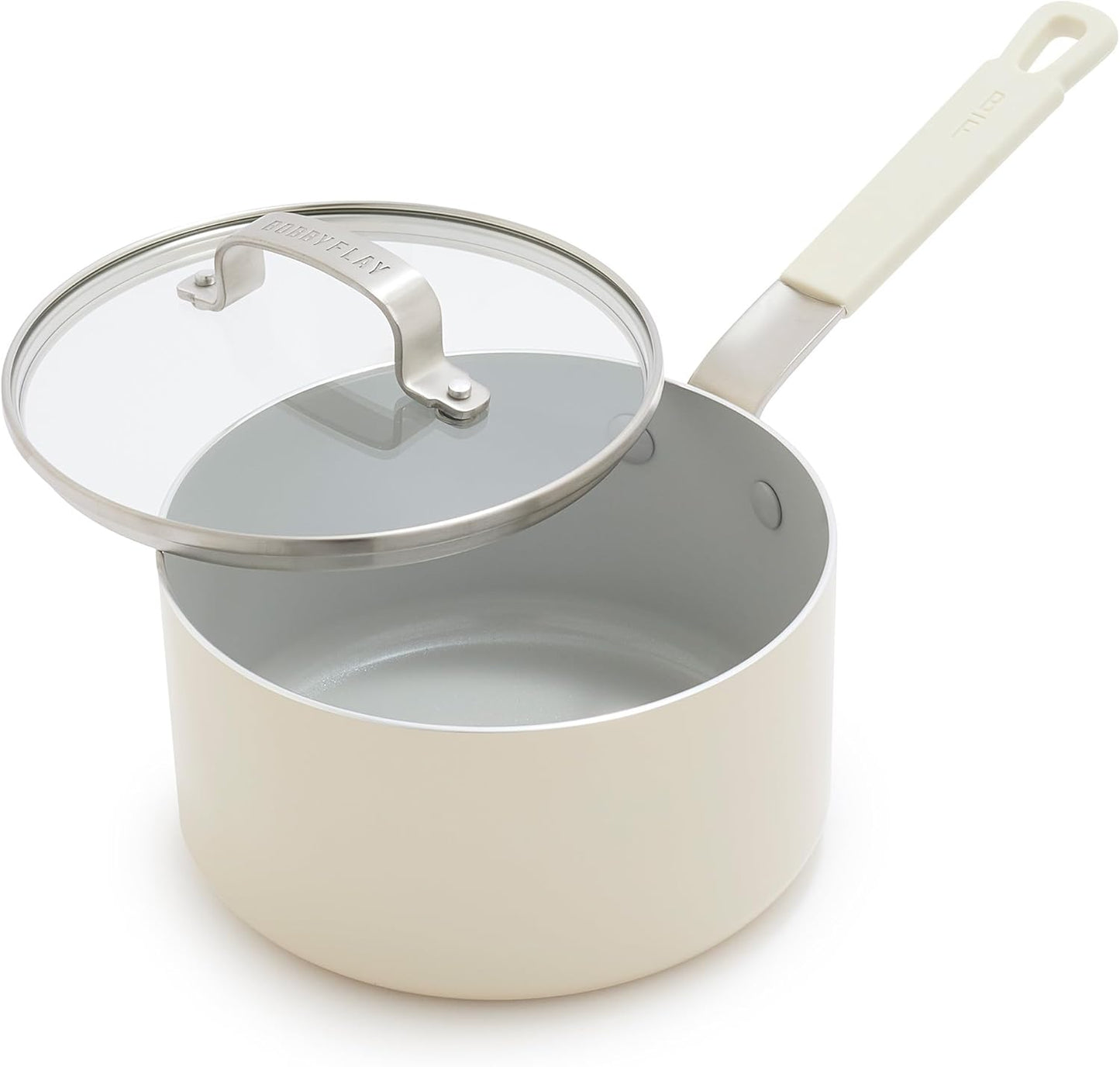 GreenPan x Bobby Flay 2.5QT Nonstick Saucepan with Glass Lid, PFAS-Free Diamond Ceramic, Induction Suitable, Stay-Cool Silicone Handle, Easy Clean Dishwasher & Oven Safe, Chef Pan, Cream