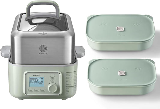 BUYDEEM G553 5-Quart Electric Food Steamer with Two Ceramic Food Storage Container 35oz Cozy Greenish, One Touch Vegetable Steamer, Digital Multifunctional Steamer, No Stew Pots Included