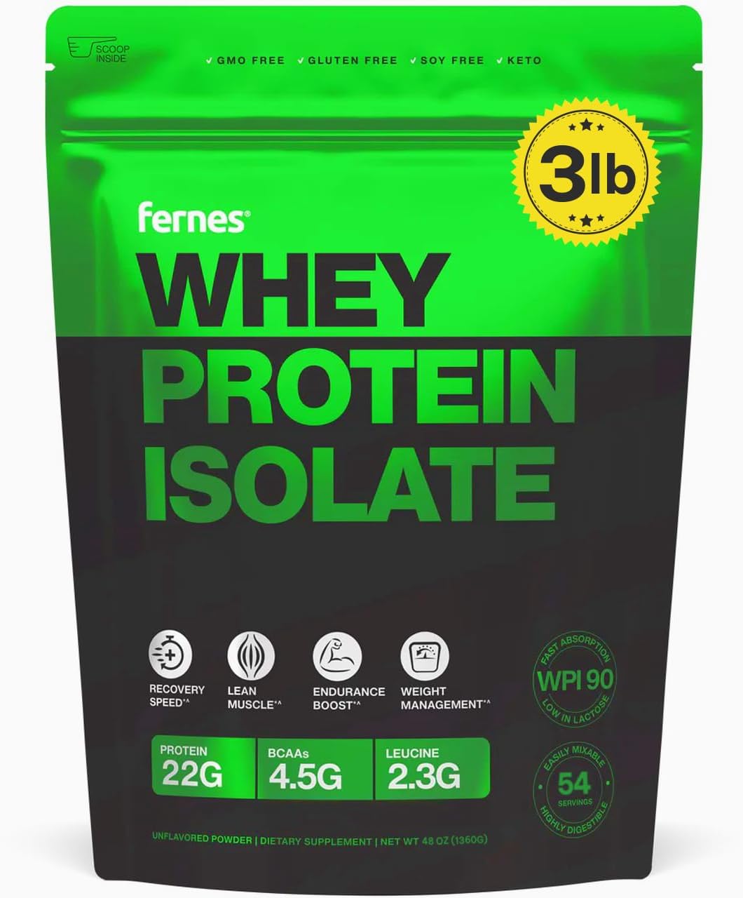 100% Whey Protein Isolate for Women & Men (3LB) 22g of Protein & 4.5g BCAAs Per Serving, Grass-Fed, Native, Cold Pressed WPI 90 for Superior Digestibility - 54 Servings