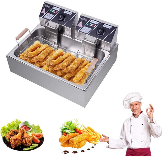 Professional Electric Deep Fryer, Countertop Kitchen Frying Machine, Stainless Steel French Fryer with Basket & Lid for Commercial Restaurant Countertop Family Food Cooking (Single Tank 12L)
