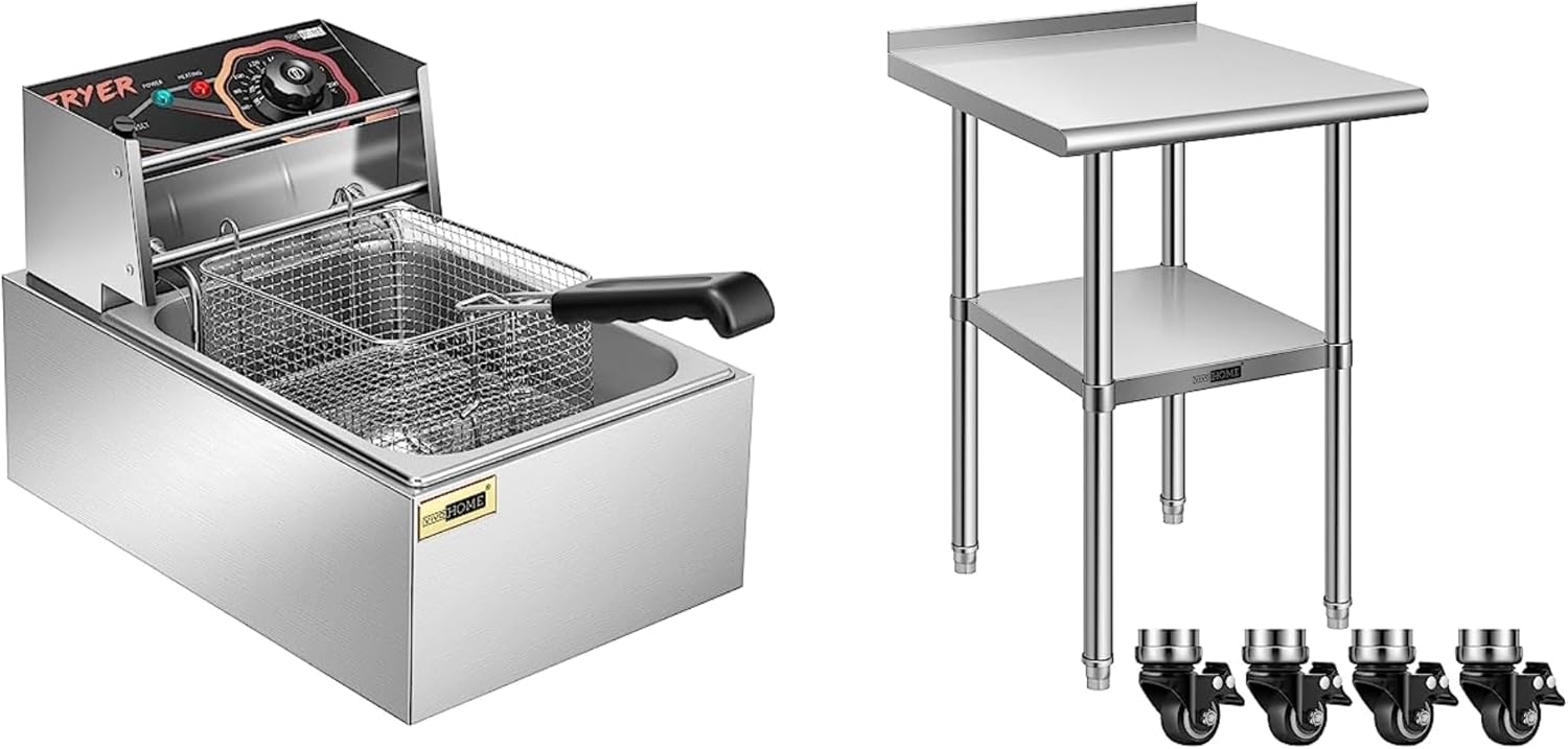 VIVOHOME 2500W 10.6 QT Electric Deep Fryer with 6.3 QT Removable Basket with VIVOHOME Stainless Steel Work Table with Backsplash, Food Prep Commercial Table with Wheels (24 x 24 x 36 Inch)