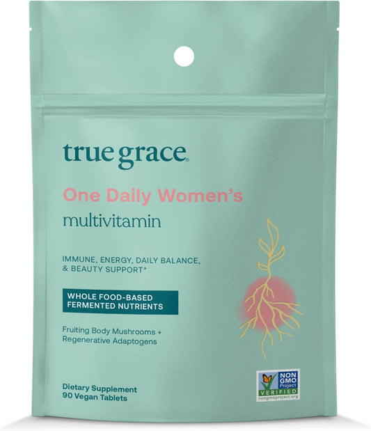 True Grace One Daily Women\u2019s Multivitamin Fermented Minerals, Organic Adaptogens & Mushrooms Whole Body Balance, Immune, Energy, Beauty Support - Non-GMO, Gluten Free, Soy Free - 90 Vegan Tablets