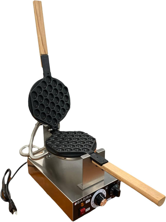 Sagra Commercial Bubble Waffle Iron - Heavy Duty time and temp adjustable bubble waffle maker, Commercial grade rotating bubble waffle baker, 110 voltage, non stick teflon plates