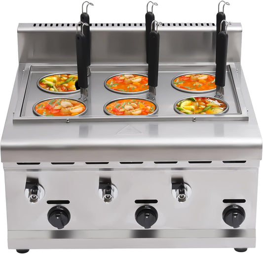 Commercial 6 Holes Pasta Cooking Machine,Noodles Cooker Machine Kitchen Stainless Steel Lpg Gas Pasta Cooking Machine,Desktop Ramen Cooker Tool with 6 Mesh Filters for Restaurants Noodle Shops