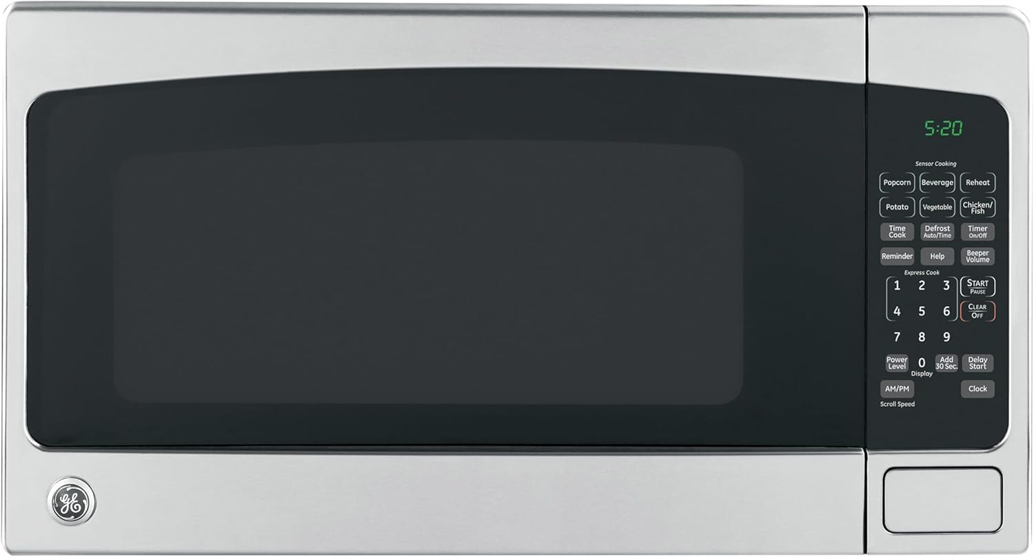GE Countertop Microwave Oven, 1,200-watt Capacity, 2.0 Cubic Ft., 8 Auto Setting Cooking Settings, Child-Lock Technology, Kitchen Essentials for the Countertop, Dorm Room or Apartment, Stainless Steel