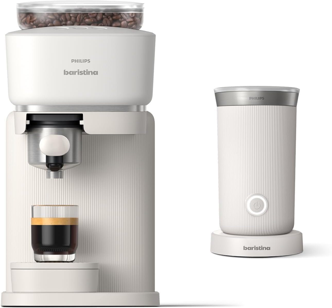 Philips Baristina Espresso Machine+Milk Frother Bundle. Real espresso. Compact coffee machine, portafilter, grinder, Cafe Crema. Dairy & Non-Dairy Milk foam\u200B. Hot & Cold. Easy Clean. White (BAR303\/00) (Renewed)