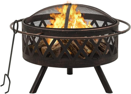 Rustic Fire Pit with Poker Rustic Steel Fire Pit with Mesh Cover for Outdoor Garden and Patio Warmth 29.9" XXL Steel