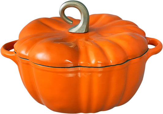 Flavehc Pumpkin Dutch Oven Pot with Lid 3.3 qt Pumpkin Cast Iron Dutch Oven for Bread Baking Orange Enameled Cast Iron Dutch Oven with Handels