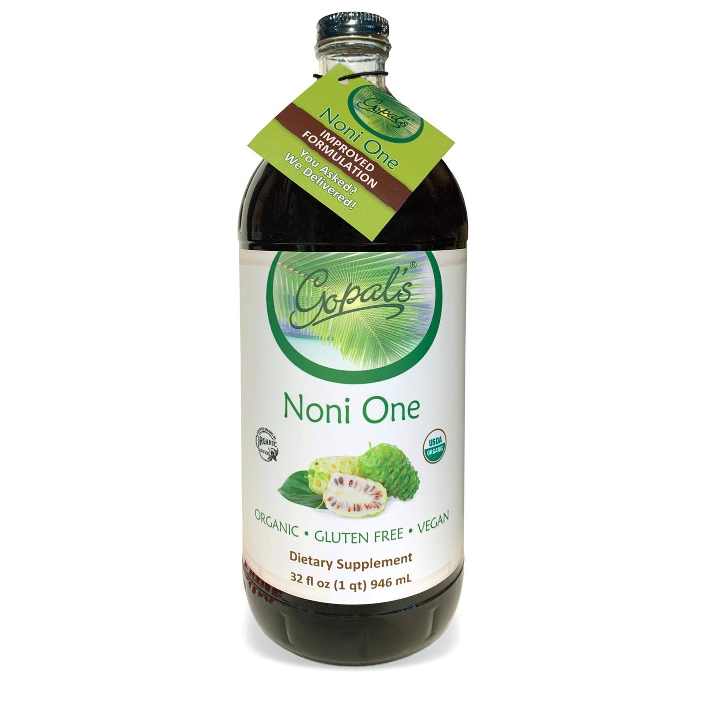 Noni One | 100% Pure Organic Noni Juice - 32oz Glass Bottle (1 qt) | Gluten-Free and Vegan Superfruit Supplement, 30 grams of Noni Juice Per Serving, Vitamin and Antioxidant Rich | Gopal's Healthfoods