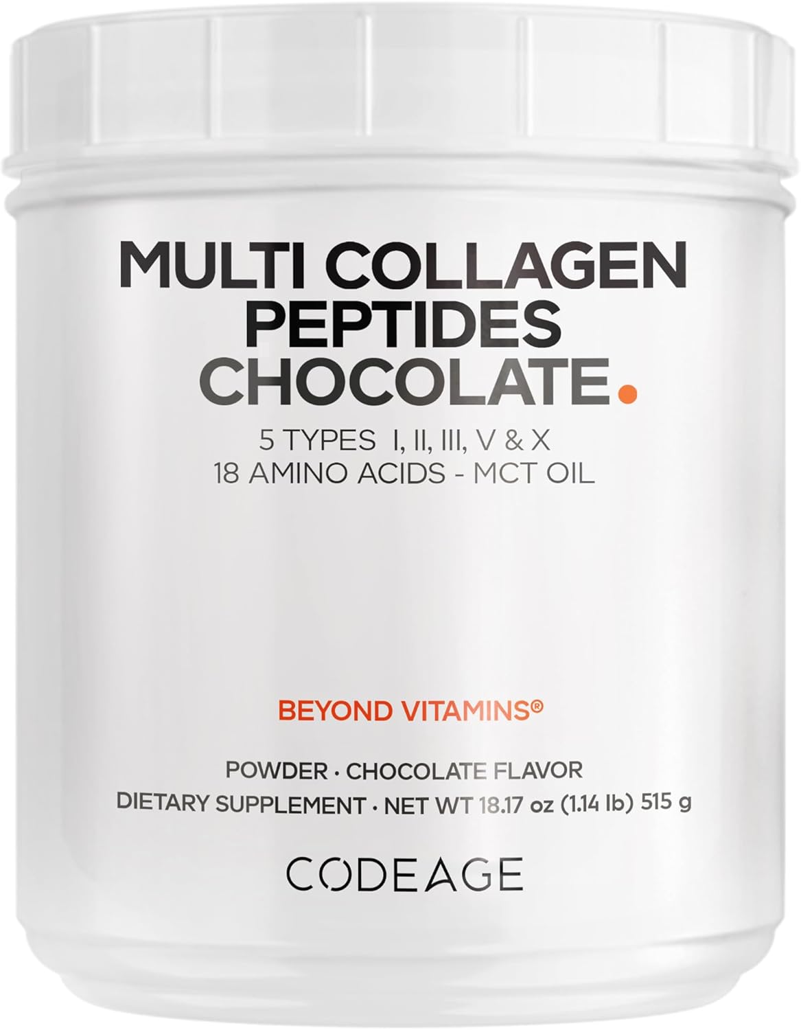 Codeage Multi Collagen Chocolate Protein Powder - Hydrolyzed Bovine Collagen Peptides, 5 Collagen Types & MCT Oil - Collagen Creamer, Chocolate Collagen Peptides - Protein Shakes - Non-GMO - 18.17 oz