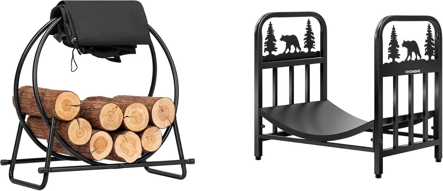 VIVOHOME 28 in Firewood Log Rack Hoop with Cover for Indoor Outdoor Patio Deck Porch, with 16.5 in Firewood Storage Log Rack with Bear Pattern, Indoor Outdoor Waterproof Rustproof