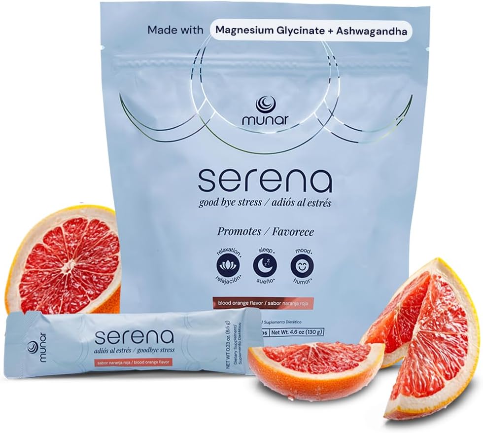 Munar Serena Magnesium Drink Mix, Blood Orange, Magnesium Glycinate and Ashwagandha Supplement, L Theanine – Calm Support, Stress Relief, Mood Boost, and Sleep Aid – 20 On-The-Go Stick Packs