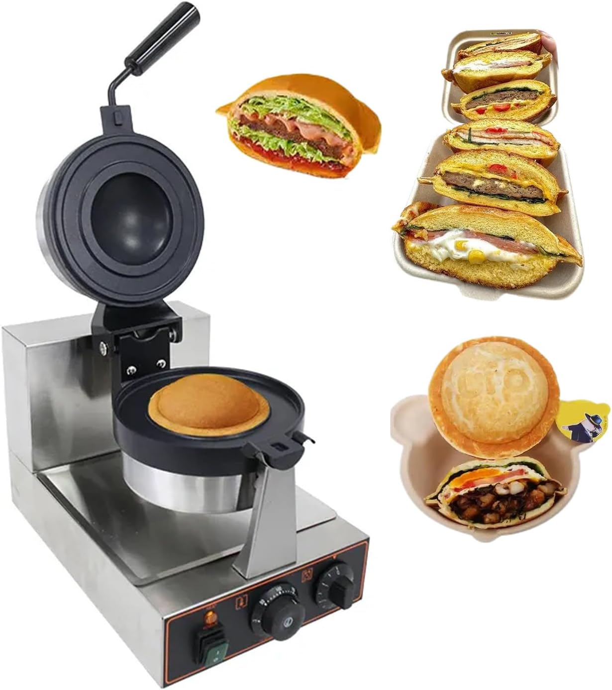 1300W Ice Cream Sandwich Maker Machine with Temperature Control and Non-Stick Coating for Delicious Waffles, Stainless Steel Hot Press Hamburger Machine, Household Or Commercial