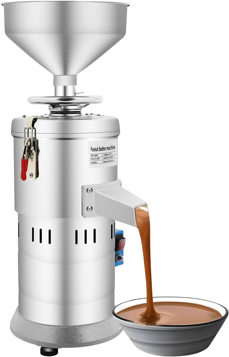 1100w Peanut Butter Maker Machine, 33lb/H Commercial Nut Butter Machine for Soy Milk, Sesame Paste, Almond, Cashew, Large Capacity Stainless Steel Electric Grain Grinding Maker