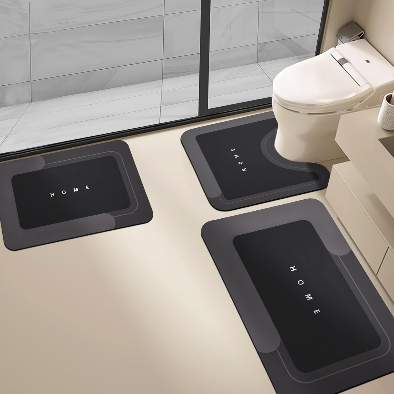 3PCS Absorbent Bath Mat Magic Rug Sets, Quick Drying Bath Mat Non-Slip Floor Rug Rubber Backed for Bathroom Kitchen Shower Sink (16.9''x23.6''+19.7''x23.6''+19.7''x31.9'', Black)