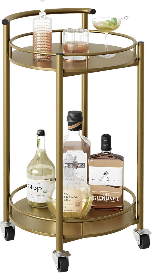 Azheruol Bar Cart Gold Rolling Cart for Home,2 Tiers Bar Serving Cart Round Wine Cart with Handle, Metal Wine Rack and Casters, Serving Bar Trolley for Home Kitchen,Living Room,Christmas,New Year