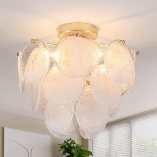 Flush Mount Ceiling Light Chandelier, Gold Glass Mid Century Modern Chandelier Foyer Light Fixtures Ceiling Mount 4 Light with Unique White Round Glass Sheet for Living room Bedroom Entryway Kitchen
