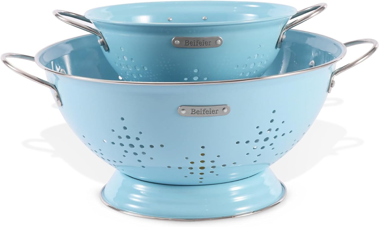 Metal Colander 2 Pack, Strainer Bowel with Handles 2Qt & 6Qt Powder Coated Solid Ring Base Heavey Duty Kitchen Drainer Basket for Pasta Veggies and Fruits,New Home Apartment Essentials (ArcticBlue)