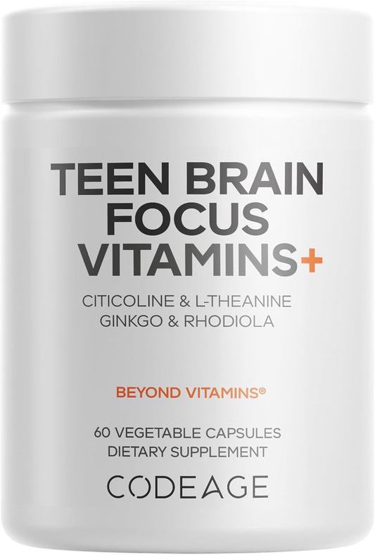 Codeage Teen Brain Focus Vitamins+ Citicoline Cognizin, L-Theanine, Ginkgo, Rhodiola, Lavender, Magnesium, Vitamin B6, B12, Folate - 2-Month Supply - 12-18 Years - Liposomal Supplement - 60 Capsules