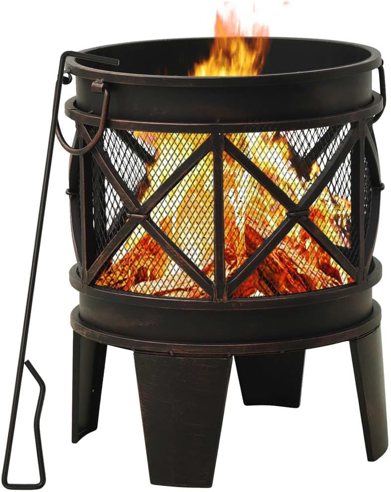 Rustic Fire Pit with Poker Φ16.5 21.3" Steell Steel Fire Pit with Mesh Cover, Outdoor Fireplace for Garden and Patio Warmth