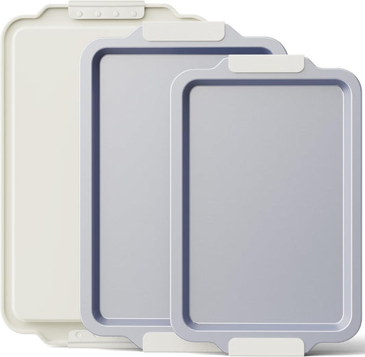 BRONYPRO Non Stick Ceramic Baking Sheet Pan Set of 3, Natural Non Toxic Cookie Sheets for Baking - PFOA, PTFE Free, Heavy Duty Aluminized Steel Oven Trays for Cooking with Silicone Handles, Cream