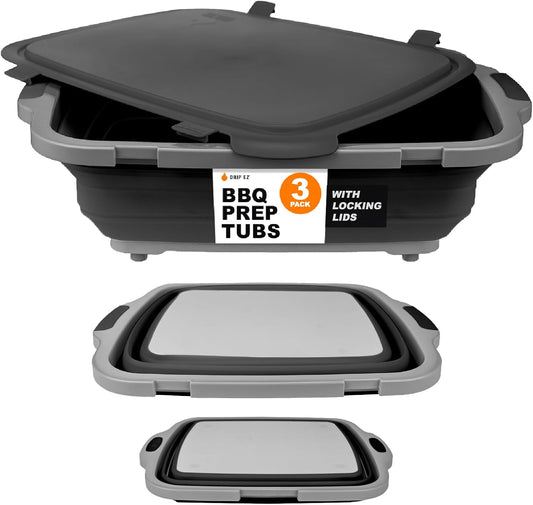 Drip EZ Collapsible BBQ Prep Tubs 3-Piece Set- For Meal Prep Marinating Food Storage - Includes Cutting Board & Lid - (1) JR + (1) OG + (1) XL - Black