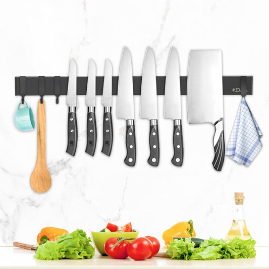 Dmore magnetic knife holder for wall\u2014with 4 hooks, No Drilling 20 Inch black knife magnetic strip, Powerful knife magnet rack, include Adhesive Tape and screws for Knives, Utensils, and Tools