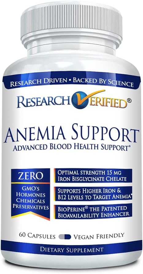 Research Verified Anemia Support - Replenish Iron, Regulate Hemoglobin, Improve Energy - Iron, Vitamin C, Vitamin A, B12, Folate, BioPerine - 60 Capsules - Vegan