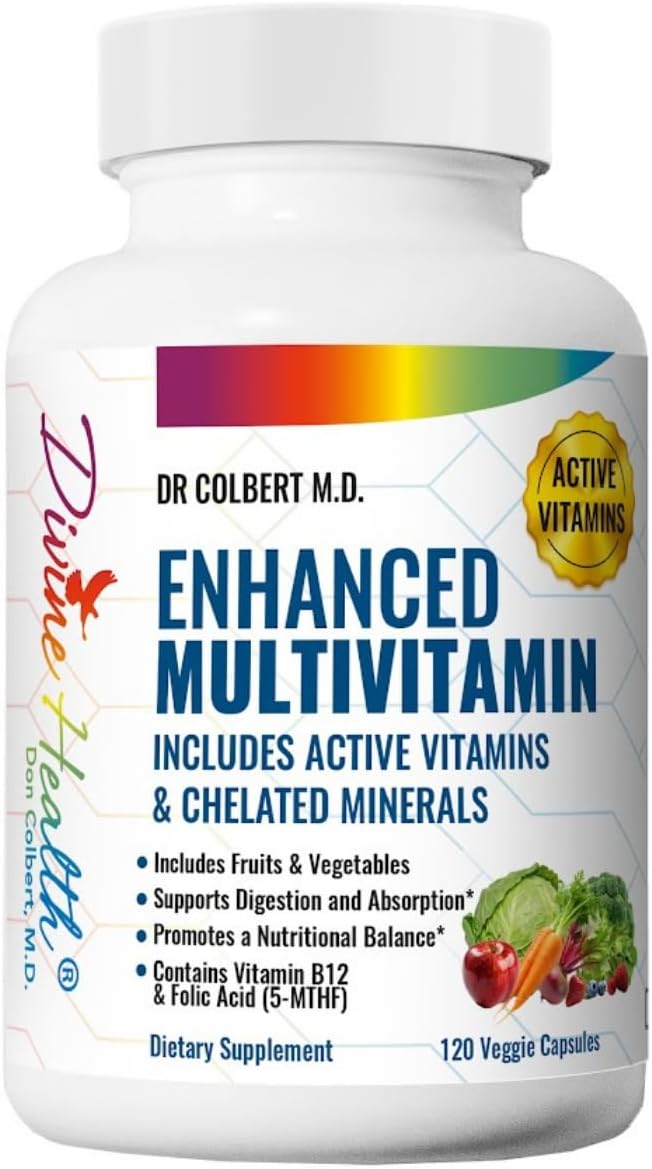 Divine Health Dr. Colbert, MD Enhanced Multivitamin Plus Chelated Minerals Active B Vitamins | Fruits | Biotin | B Complex | Vegetables | MTHF | Mixed Tocotrienol & Tocopherol Mix | 120ct