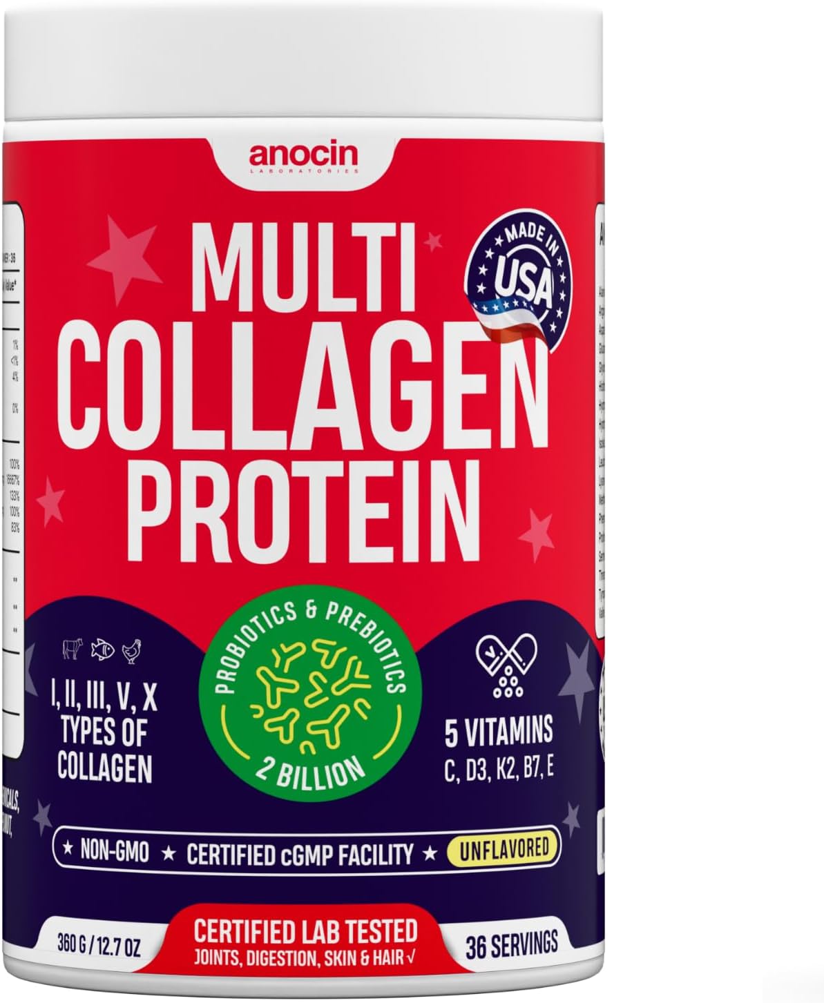 anocin Multi Collagen Peptides w\/Prebiotic + Probiotics + Type I, II, III, V, X + Hydrolyzed Collagen Powder w\/Vitamin C+D3+B7+K2+E Hyaluronic Acid, Supports Skin Hair Nail Joint, Grass-Fed, Non-GMO