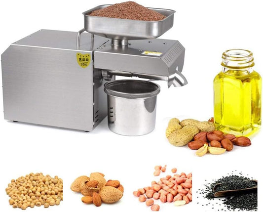 Automatic Oil Press Expeller 304 Stainless Steel Oil Press Machine Electric Cold/Hot Nut Oil Press Extractor for Corn Coconut Peanut Sunflower Seeds 3-6Kg/H Grinder