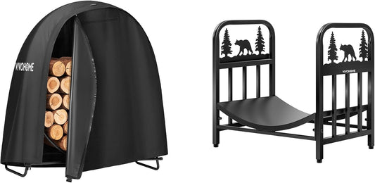 VIVOHOME 48 Inches Firewood Log Rack Hoop with Round Cover, Round Log Holder Ring for Indoor Outdoor Patio Deck Porch, with 16.5 in Firewood Log Rack with Bear Pattern, Indoor Outdoor Waterproof