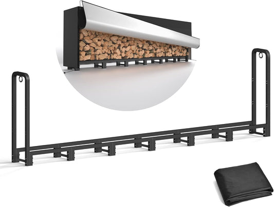 SunyesYoon Firewood Rack Outdoor 8ft with Waterproof Cover - Heavy Duty Log Rack Indoor Holder, Upgraded Adjustable Fire Wood Racks, Storage Organizer Stand Tool for Fireplace, Black