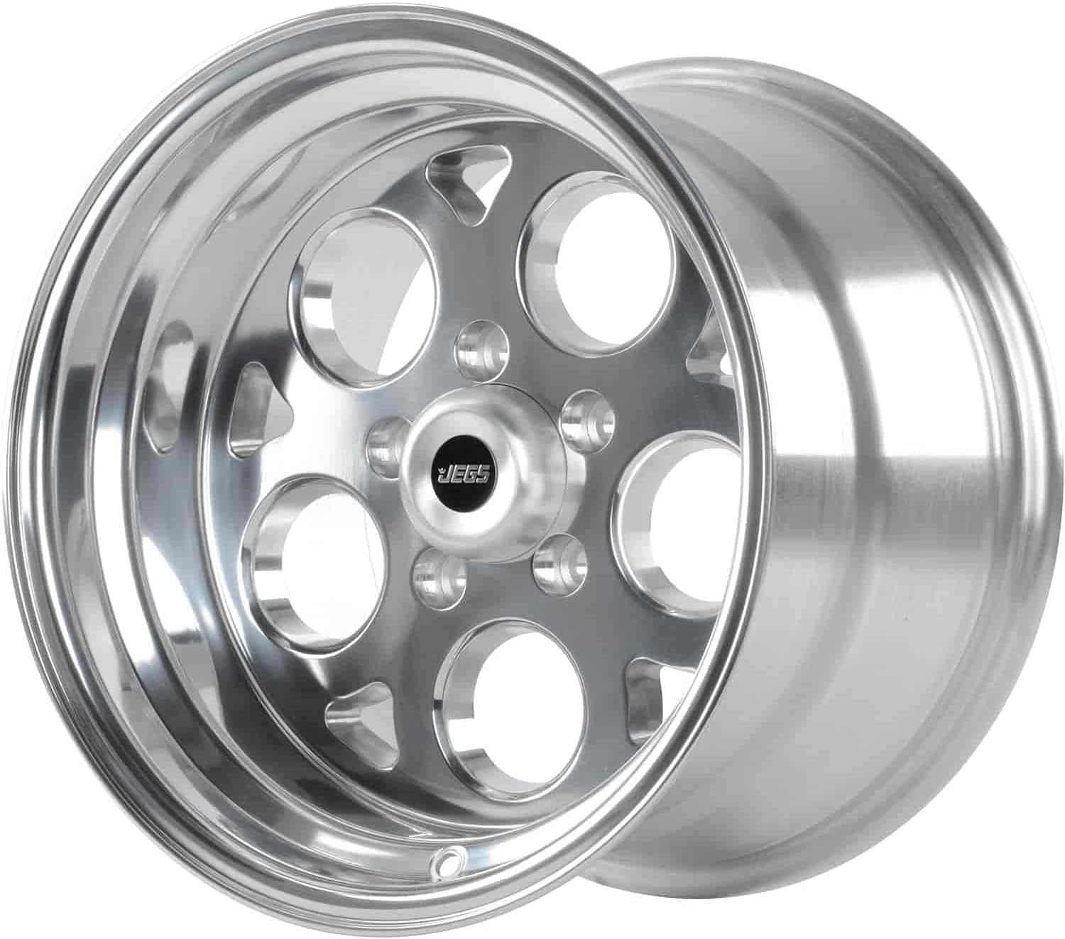 JEGS SSR Mag Wheel 15” x 10” | 5 x 4.5” Wheel Bolt Pattern Spacing | 0 mm Offset | 5.5” Backspacing | Polished Aluminum Finish | 3.27” Center Bore | Includes Center Cap