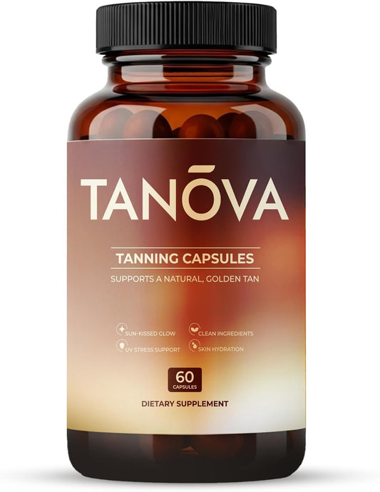 Tanova Tanning Pills – Supports a Natural Golden Glow, Skin Resilience & Anti-Aging Against Sun-Induced Oxidative Stress – with Astaxanthin, L-Tyrosine, Copper & Polypodium Leucotomos – 60 Capsules