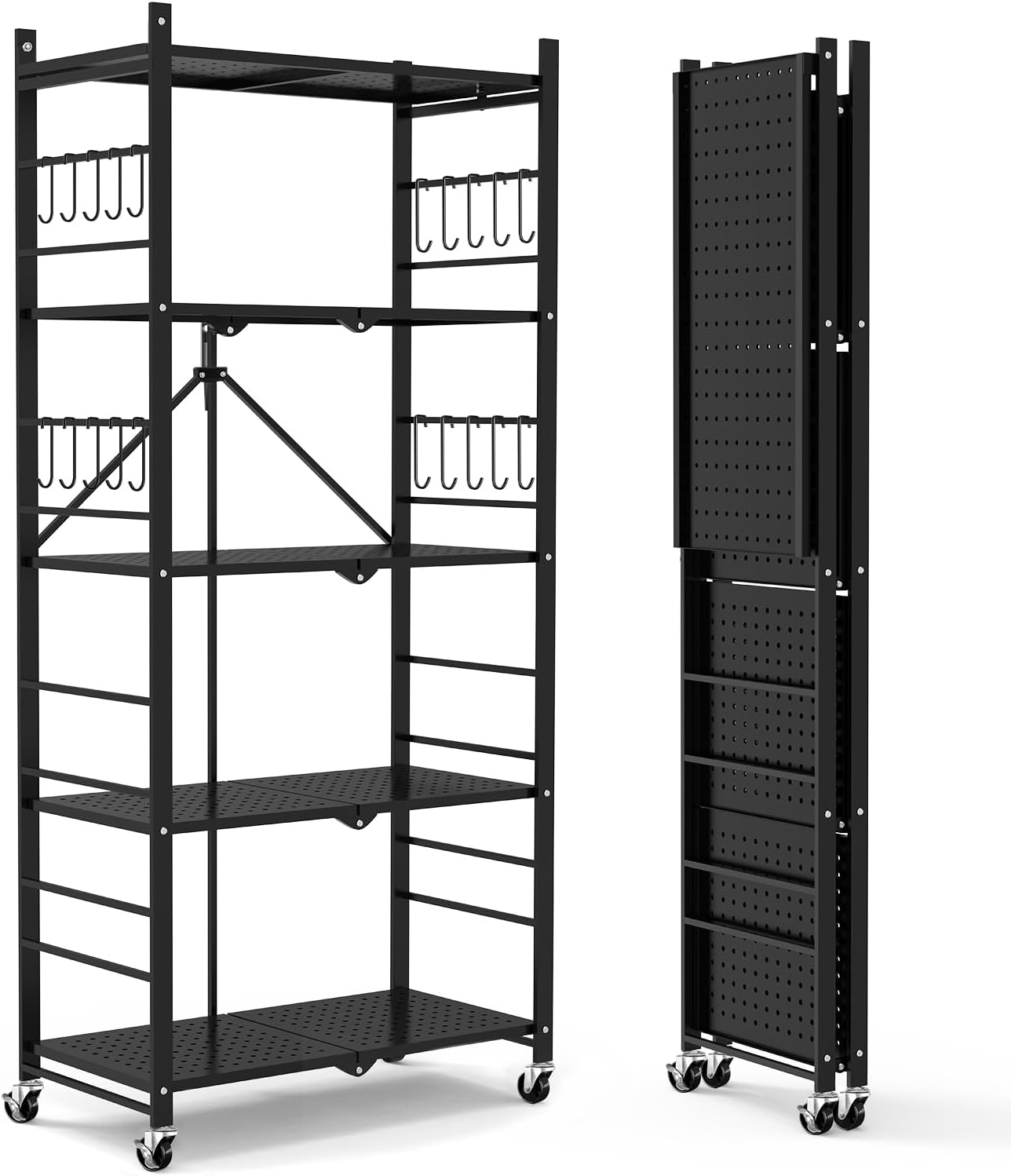 Himix Storage Shelves with 20 Hooks, 5-Tier Collapsible Organization Storage Rack Bookshelf Folding Pantry Shelves Cube Shelf Wire Shelving Holds 440 Ibs for Garage Kitchen Room