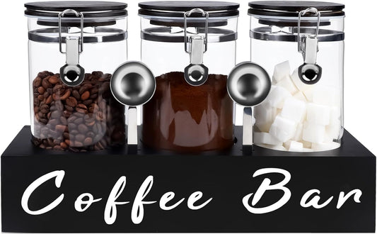 Liengoron 3 x 54 oz Glass Coffee Bean Storage Container with Shelf 3PCS Glass Containers with Airtight Locking Clamp Lid Spoons Coffee Canister Set Jars for Kitchen Food Storage Tea Sugar Black