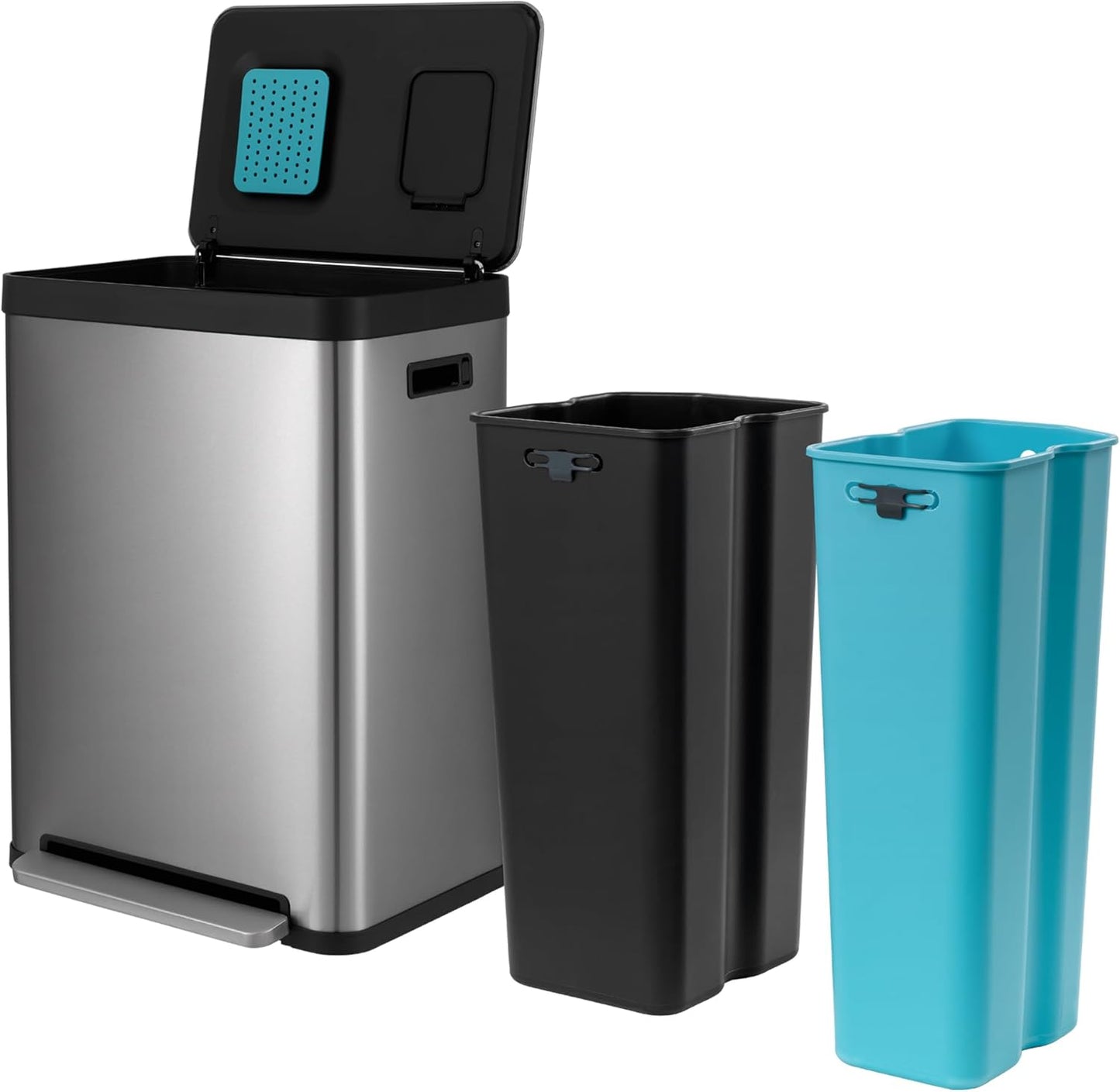 Home Zone Living 19 Gallon Kitchen Trash Can with Dual Compartments for Recycling, CleanAura Odor Control, Stainless Steel, Silver, 70 Liters Total, Gen 1