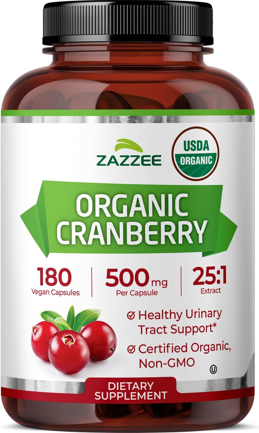 Zazzee USDA Organic Cranberry 25:1 Extract, 500 mg per Capsule, 180 Vegan Capsules, 6 Month Supply, Standardized, Concentrated 25X Extract, 100% Vegetarian, Certified Organic, Non-GMO All-Natural