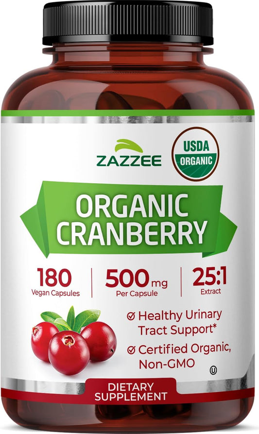 Zazzee USDA Organic Cranberry 25:1 Extract, 500 mg per Capsule, 180 Vegan Capsules, 6 Month Supply, Standardized, Concentrated 25X Extract, 100% Vegetarian, Certified Organic, Non-GMO All-Natural