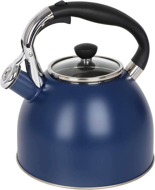 Rorence Stainless Steel Tea Kettle: 2.6 Quart Whistling Kettle with Capsule Bottom & Heat-resistant Glass Lid – Navy Blue