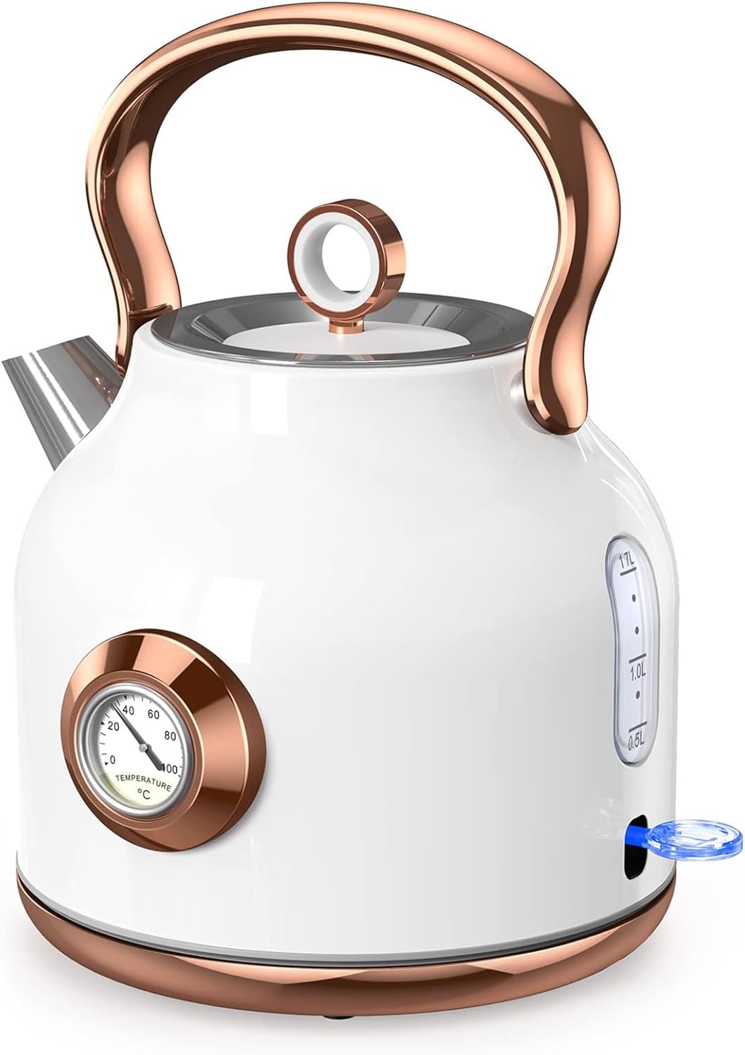 Retro Electric Kettle, 1.7L Stainless Steel Tea Kettle with Large Temperature Gauge, 1500W Fast Heating Hot Water Boiler with LED Indicator, Auto Shut-off & Boil-Dry Protection-Reteo White