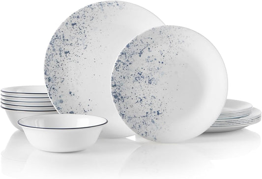 Corelle Vitrelle 18-Piece Service for 6 Dinnerware Set Triple Layer Glass and Chip Resistant, Lightweight Round Plates and Bowls Set, Indigo Speckle