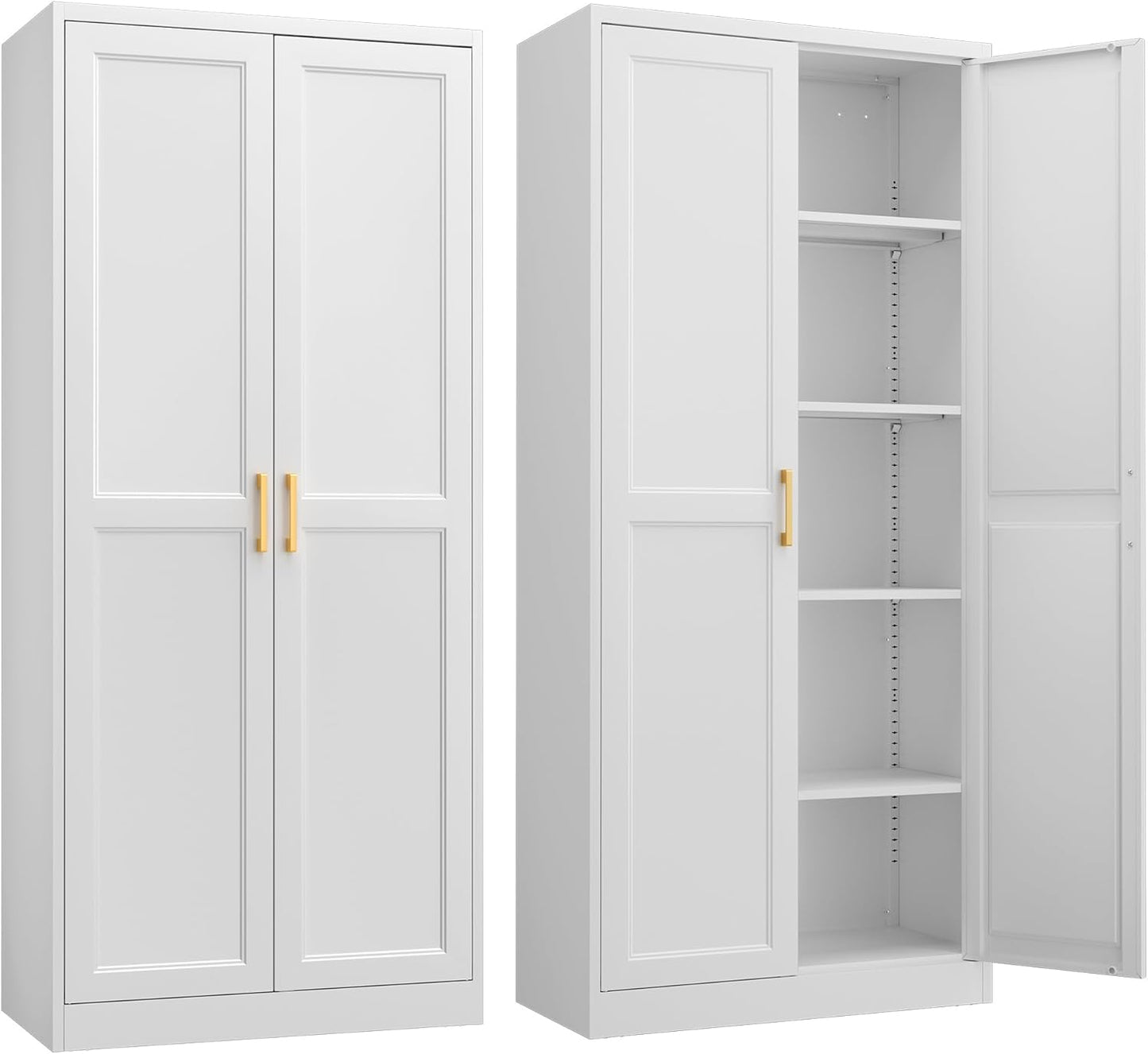 SteeLoong Kitchen Pantry Cabinet,71\u201DWhite Metal Pantry Storage Cabinet with Doors and 4 Adjustable Shelves,Kitchen Cabinet with 2 Gold Handles,Tall Cabinet for Livingroom,Pantry, Bathroom,Kitchen