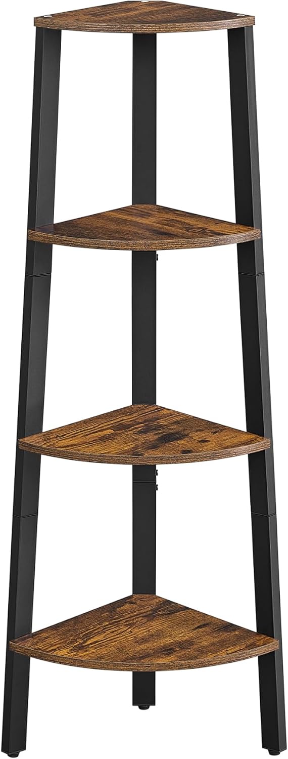 VASAGLE Corner Shelf Stand, 4-Tier Corner Bookshelf, Industrial Ladder Shelf, Plant Stand for Living Room, Office, Kitchen, Rustic Brown and Black ULLS34X