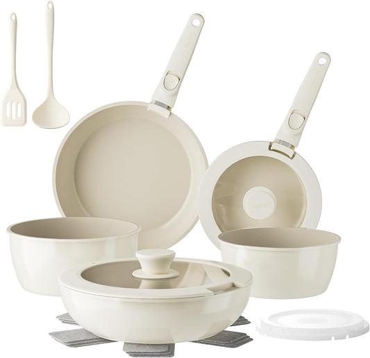 Redchef Pans and Pots Set Nonstick, Ceramic Cookware Set with Detachable Handles, Healthy,Non Toxic, Kitchen Cookware Sets16Pcs, Induction RV Kitchen Set, PFAS PFOA & PTFE Free, Beige White